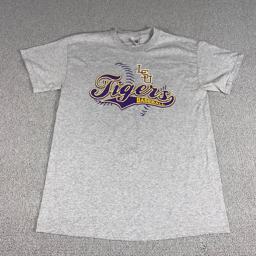 LSU Tigers Gildan T Shirt Mens Medium Gray Baseball NCAA College Graphic Logo